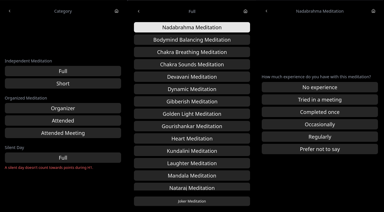 Drei Bildschirme der Permamedi-App: Kategorie wählen, Meditation wählen und eine Frage zur Erfahrung mit der Nadabrahma Meditation beantworten