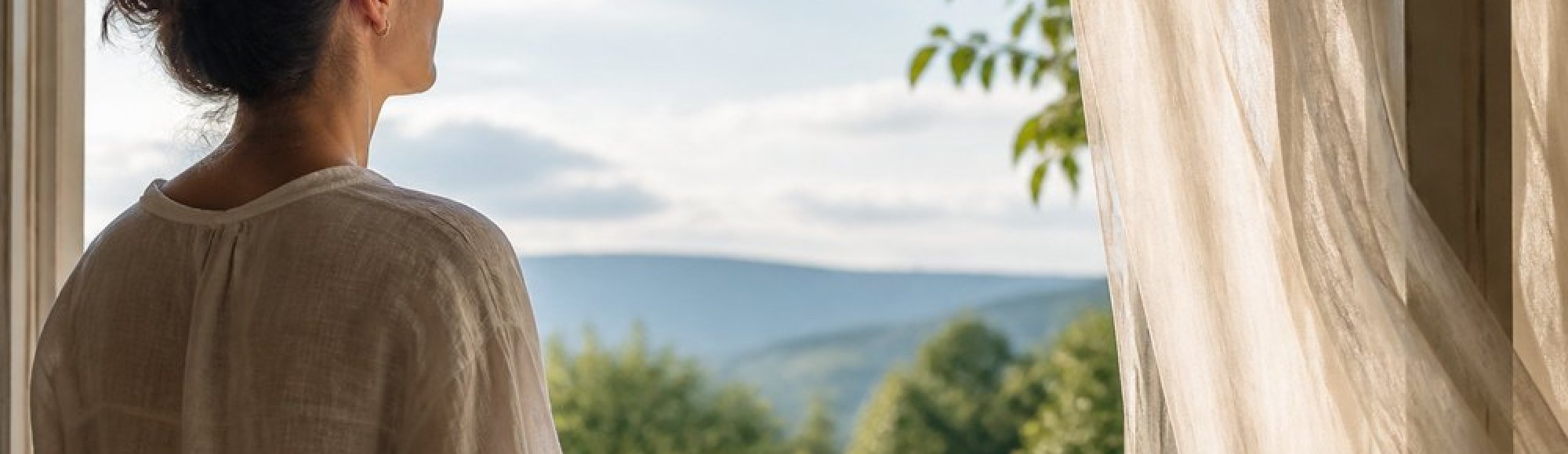 Eine Person steht im hellen Morgenlicht an einem offenen Fenster und blickt in eine weite grüne Landschaft.